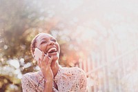 Happy woman background, talking on the phone