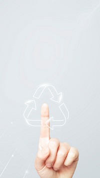Recycling technology mobile wallpaper, hand pressing on gray background