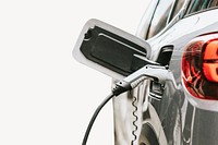 Electric vehicle at charging station, environmentally friendly psd