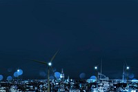 Blue background, renewable energy city, wind turbines border psd