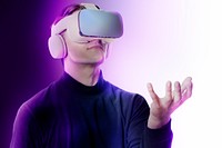 Smart technology background, man experiencing VR headset psd