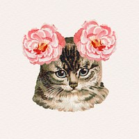 Hand drawn cute cat with ever-blowing roses on it's ears illustration