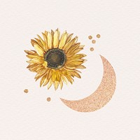 Blooming sunflower with a glittery crescent moon design element illustration