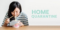 Asian woman eating instant noodles during coronavirus quarantine template mockup