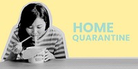 Asian woman eating instant noodles during coronavirus quarantine template