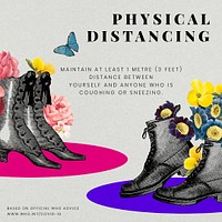 Advice on physical distancing by WHO and vintage pairs of shoes illustration psd mockup social ad