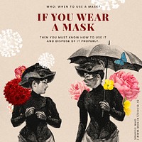 Advice on proper ways to wear a mask provided by WHO and vintage illustration psd mockup social ad