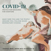 COVID-19 protection measure guide with ancient Greek painting remix illustration psd mockup