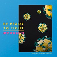 Be ready to fight COVID-19 psd mockup social ad with blue and yellow halftone coronavirus illustration