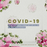 COVID-19 psd mockup social ad with pink and green coronavirus on a white background