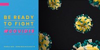 Be ready to fight COVID-19 psd mockup banner with yellow and blue novel coronavirus illustration