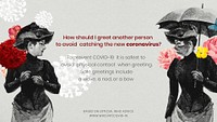 Advice on avoiding physical greeting during the COVID-19 pandemic by WHO and vintage illustration psd mockup banner<br /> 