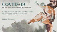 COVID-19 protection measure guide with ancient Greek painting remix illustration psd mockup banner