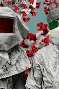 Vintage protective suits from the Spanish flu pandemic coronavirus contaminated background