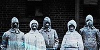 People in protective suits from the Spanish flu epidemic coronavirus contaminated background