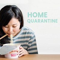 Asian woman eating instant noodles during coronavirus quarantine mockup