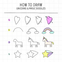 How to draw unicorn and magic doodles tutorial vector