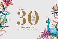 Editable sale banner template psd with watercolor peacocks and flowers on beige background with 30% off