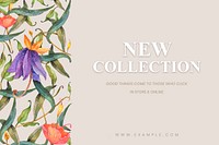 Editable social banner template psd with watercolor peacocks and flowers on beige background for new collection ads