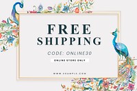 Editable shop banner template psd with watercolor peacocks and flowers on beige background for free shipping ad