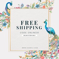 Editable shop ad template psd with watercolor peacocks and flowers illustration