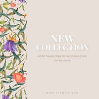 Editable shop ad template psd with watercolor peacocks and flowers illustration with new collection text