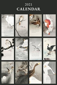 2021 calendar printable template psd set Japanese bird remix from Ohara Koson