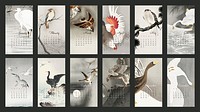 2021 calendar printable template psd set Japanese bird remix from Ohara Koson