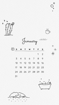 January 2021 mobile wallpaper psd template cute doodle drawing