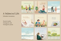 Balanced life editable template psd set with hand drawn illustrations