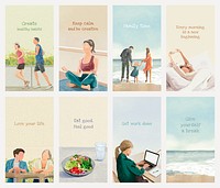 Lifestyle mobile wallpaper template psd set with hand drawn illustrations