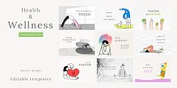 Health and wellness templates psd colorful and cute illustrations set