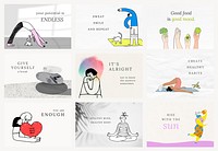 Health and wellness templates psd colorful and cute illustrations set