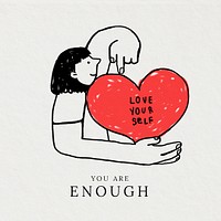 You are enough template psd woman avatar holding heart self-love campaign