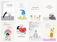 Health and wellness templates psd colorful and cute illustrations set