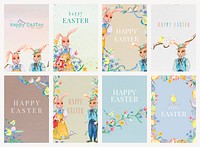 Happy Easter greeting templates psd colorful vintage illustrations collection