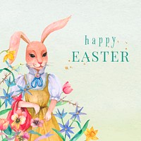 Editable Happy Easter template psd holidays celebration watercolor greeting with bunny vintage illustration social media post