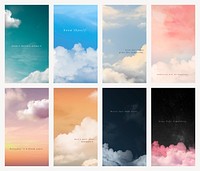 Sky and clouds psd mobile wallpaper template with inspiring quote set