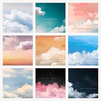 Sky and clouds psd social media template with inspiring quote set