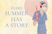 Summer template psd with woman holding vintage umbrella, remixed from artworks by M. Renaud
