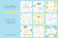 Inspirational quote social template psd quote with weather pattern doodles banner set