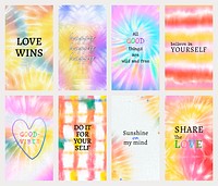 Inspirational quote template psd for social media story on colorful tie dye set