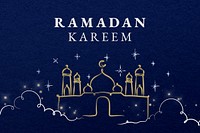Editable ramadan banner template psd with Arabic architecture on blue background
