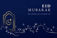 Eid mubarak banner template psd with star and crescent moon on blue background