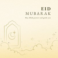 Eid mubarak editable template psd for social media post with crescent moon on yellow background