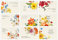 Vintage floral quote template psd illustration set, remixed from public domain artworks