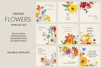 Colorful floral quote template psd set, remixed from public domain artworks