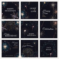 Shiny fireworks template psd for social media post with editable text collection