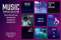 Music wave technology template psd social media ad with catchphrase collection
