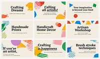 Handicraft themed banner template psd with block print background set